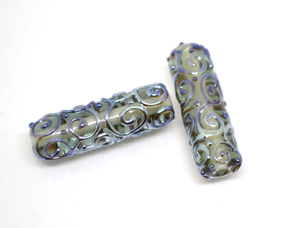 Gray lampwork tube bead, Silver mirror swirl transparent bead, Jewelry making supply, Artisan lampwork, Textured beads, Focal beads, Smoky