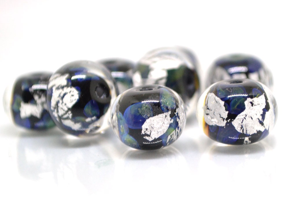 Black silver foil lampwork beads, Handmade glass beads, Artisan Lampwork, Art beads, rondelle beads