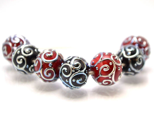 black red lampwork handmade bead artisan lampwork bead set jewelry making round bead silver curl dots red and black glass lampwork beads