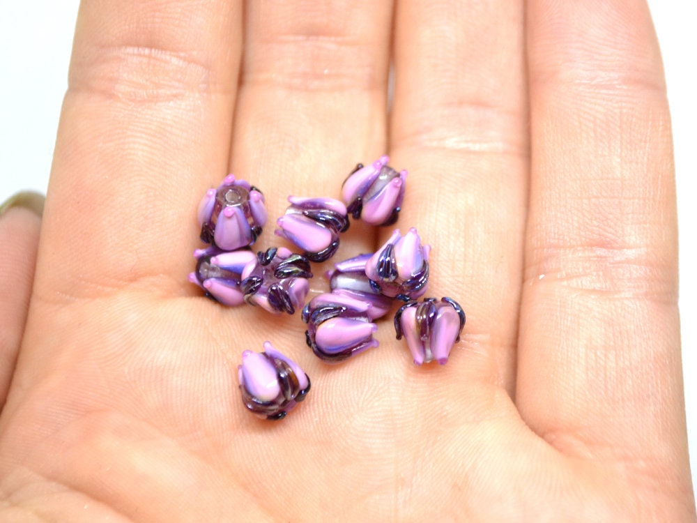 Deep purple lavender small lampwork beads, Purple floral beads, Artisan lampwork, Tiny glass beads, Tiny beads, 7mm flower beads, glass art