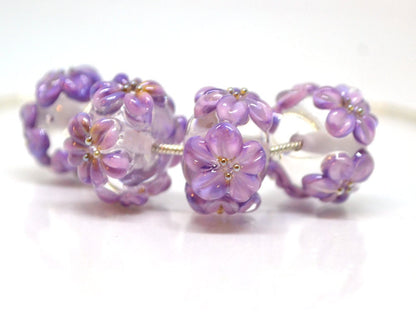lilac floral lampwork handmade bead purple glass bead handmade lampwork bracelet necklace rondelle bead transparent bead lilac purple flower