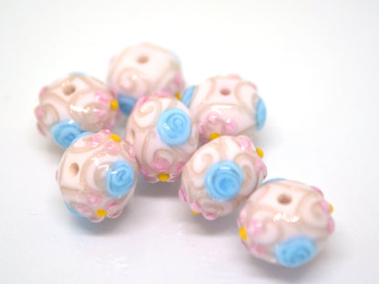 white murano glass lampwork, ethnic beads with flowers and curles, jewelry making venetian italian handmade beads