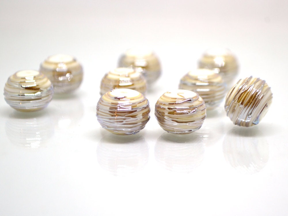 White and gold lampwork glass Beads, Stripes beads, Silver Stains beads, electric beads, Artisan lampwork, Handmade glass beads, beige beads