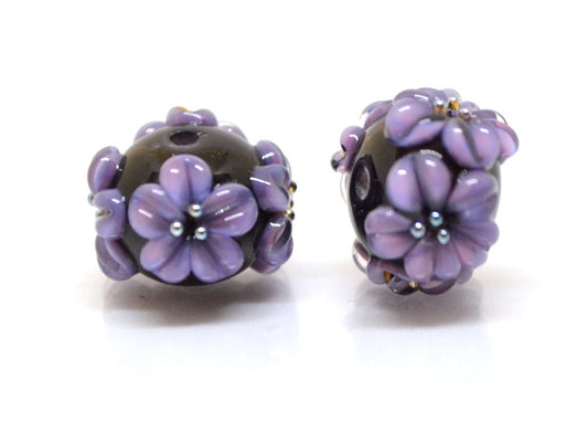 flower lampwork bead black glass beads bracelet artisan lampwork handmade glass bead black purple flower lavender flower earrings necklace