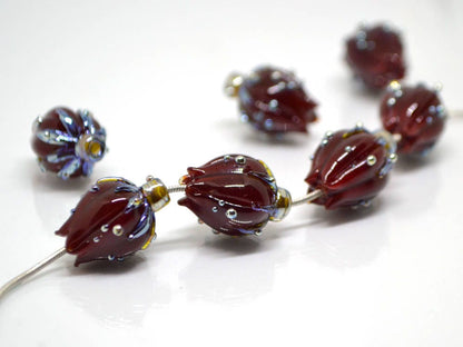 bordeaux red glass flower beads lampwork handmade beads artisan lampwork flower bead sculpture flower focal bead dark red brutalist jewelry