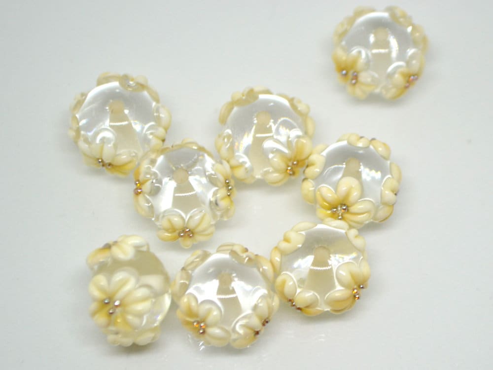 Ivory floral lampwork glass beads, Ivory flowers on transparent beads, Rondelle beads, Wedding bracelet, Jewelry making, Artisan lampwork