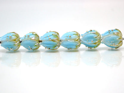 Lampwork glass flower beads 10mm, Light aquamarine flower buds with green gold leaves, Handmade lampwork, blue glass beads, Something blue
