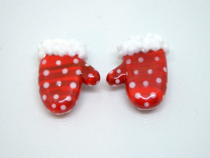 Lampwork mitten bead, Pink Red glass mitten bead, Christmas lampwork