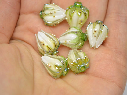 White flower beads with green leaves, Wedding jewelry making, Artisan Lampwork, DIY Earrings, Floral lampwork, Bridal jewelry making