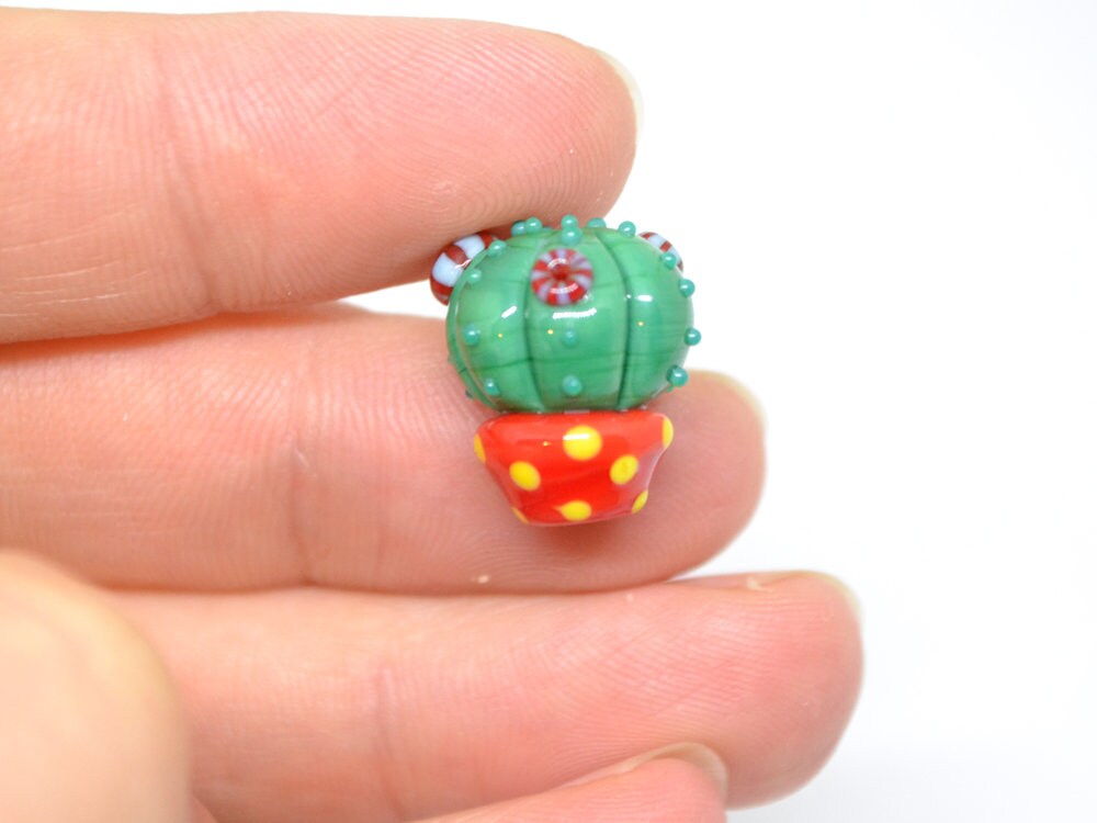 Lampwork red green cactus flower beads in red pot, Wilderness plants, Desert flower, Cactus flower pendant, Succulent beads,Artisan lampwork