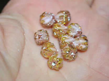 Pink gold floral beads, Peach bud flower beads, Tiny glass beads, Pastel pink 7mm flower beads, Artisan lampwork
