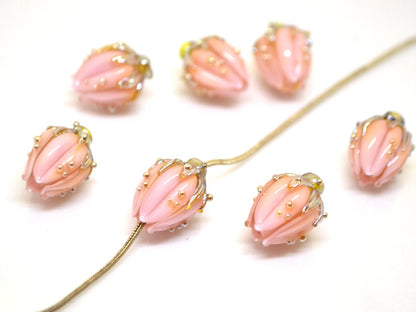 Pastel pink and gold flower glass beads, Pale pink beads, Artisan lampwork, Light pink beads, Floral glass beads