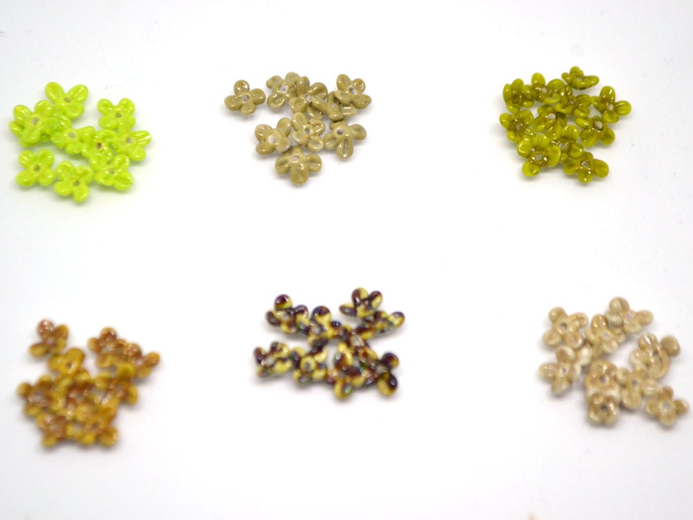 Tiny olive green flower beads, Very small flowers, Opaque glass flower, Green small flower beads, 5mm flowers, Artisan lampwork