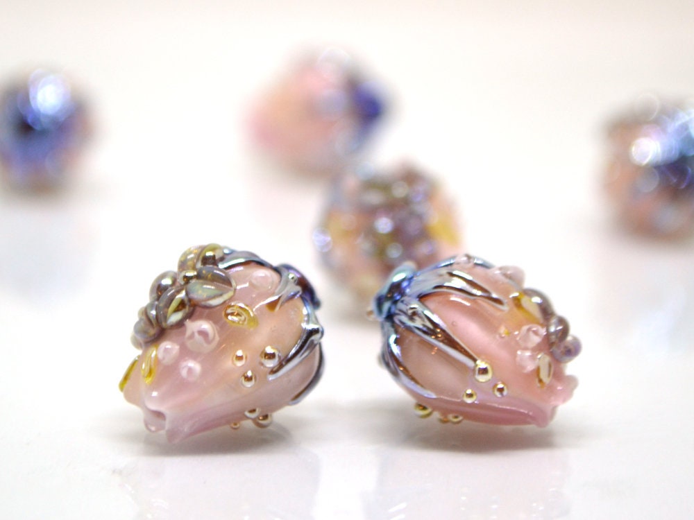 Pink lavender flower bouquet bud beads, Glass Flower beads, Floral lampwork, 3d Flower beads, Miniature glass flowers, Artisan lampwork bead