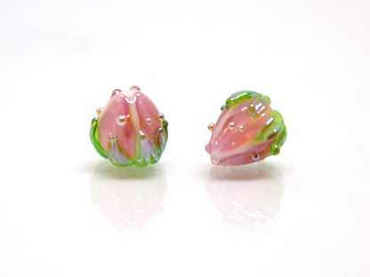 Light pink flower beads with green leaves, Tiny glass beads, through hole, 7mm flower beads, Artisan lampwork,