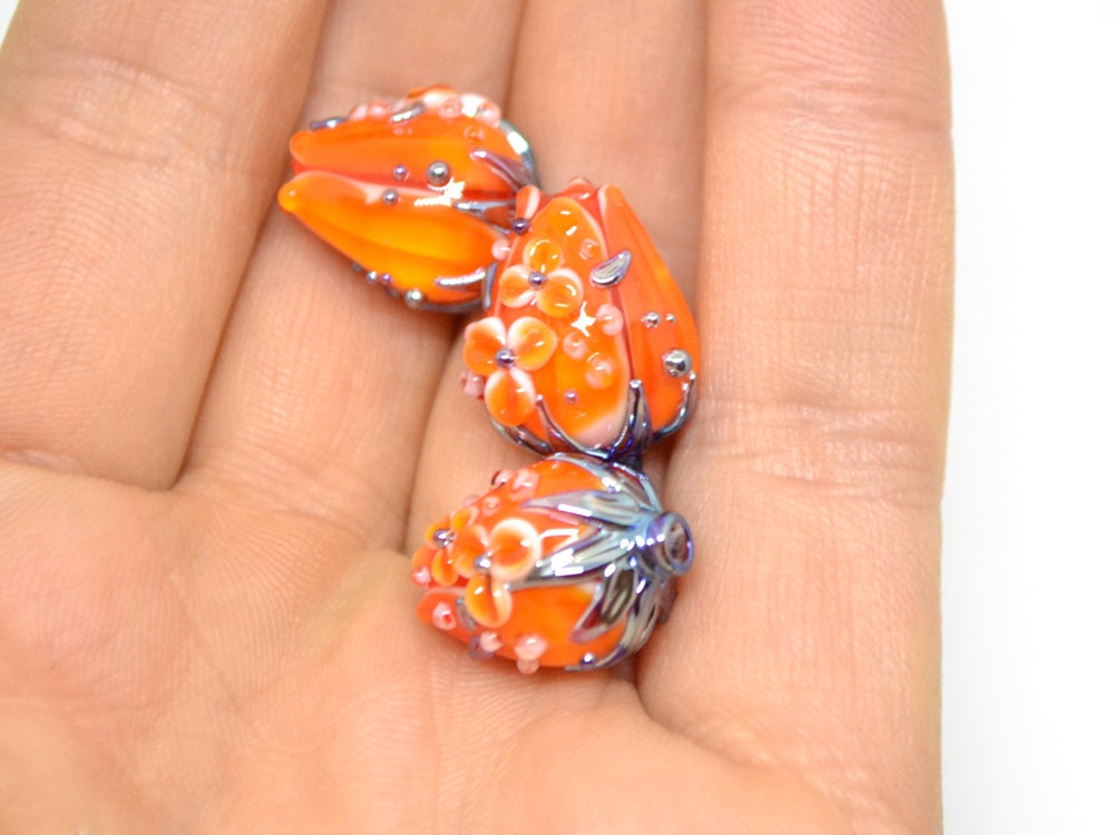 Orange silver flower bouquet lampwork beads, Bright lampwork beads, Artisan lampwork, SRA beads