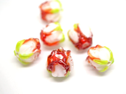 Red white rosebud beads, Red floral lampwork, Lampwork Earrings DIY, Glass rose beads, Spring lampwork, SRA beads, Lampwork pair