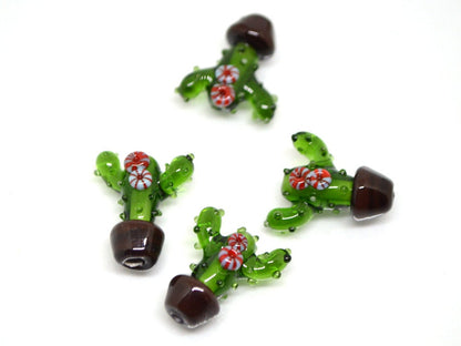 Glass cactus beads, Blooming cactus in a pot, Desert flower beads, Tequila beads, Artisan lampwork, Green flower beads