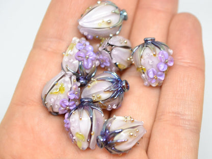 Pale purple flower bouquet lampwork beads, Light purple green mint lampwork beads, Artisan lampwork