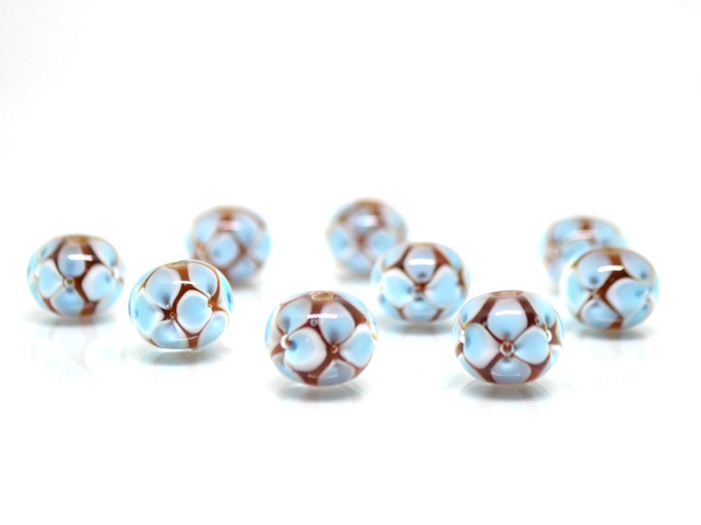 Blue 3d flowers on topaz beads, Rondelle beads, Blue flower Glass beads, Murano glass beads, Artisan lampwork