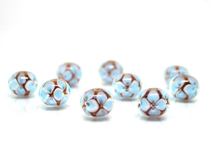 Blue 3d flowers on topaz beads, Rondelle beads, Blue flower Glass beads, Murano glass beads, Artisan lampwork