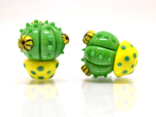 Lampwork cactus beads with yellow pot, Wilderness plants, Cactus yellow flower pendant, Succulent beads, Artisan lampwork