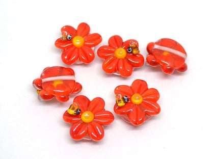 Lampwork Chamomile flower beads with bee, Red glass beads, Floral lampwork, Lentils beads, Summer glass beads, Artisan lampwork, red flower