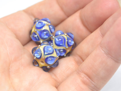 Blue beige handmade glass bead, 15 mm glass beads, Deep blue lampwork, Artisan lampwork, Beads for necklaces, Jewelry beads