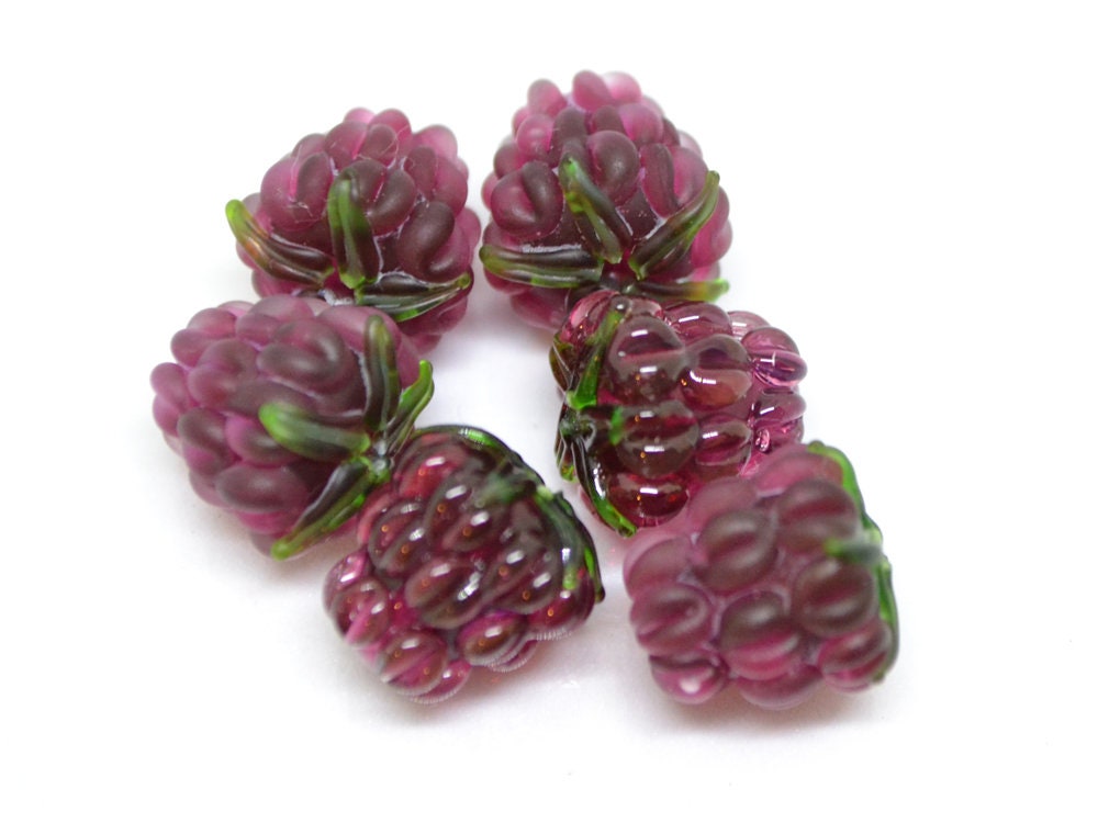 Dark fuchsia lampwork raspberry, Frost glass berry, Glass raspberries, Berry fruit beads, Pink Lampwork berries