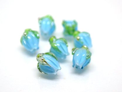 Aquamarine blue lampwork beads, Blue green flower beads, 9mm flower beads, Flower bud beads, Artisan lampwork