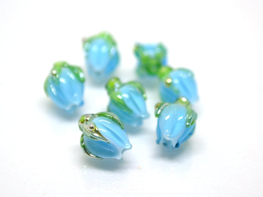 Aquamarine blue lampwork beads, Blue green flower beads, 9mm flower beads, Flower bud beads, Artisan lampwork