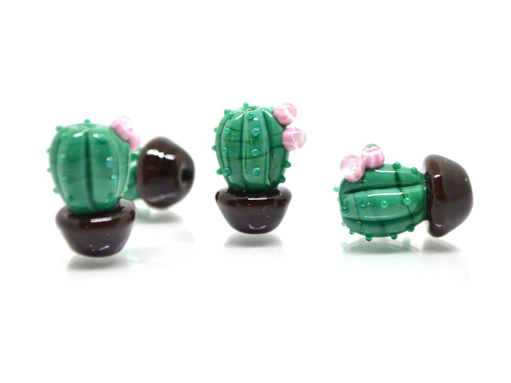 Glass cactus beads with pink flower, Dessert plants, Cactus flower in a pot pendant, Succulent beads