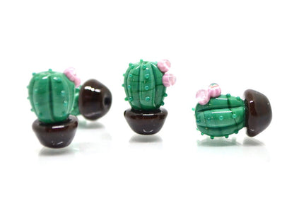 Glass cactus beads with pink flower, Dessert plants, Cactus flower in a pot pendant, Succulent beads