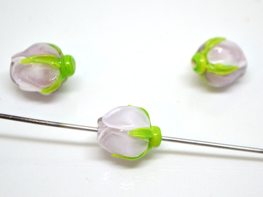 Pale pink flower bud beads, Jewelry glass beads, Blush pink floral lampwork, DIY earrings, Spring lampwork, Flower lampwork beads