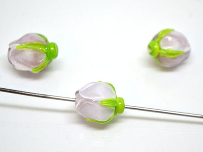 Pale pink flower bud beads, Jewelry glass beads, Blush pink floral lampwork, DIY earrings, Spring lampwork, Flower lampwork beads