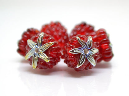 Red silver lampwork raspberry, Red glass berries, Gloss Lampwork beads, Berry glass beads, Lampwork Raspberries, Summer jewelry