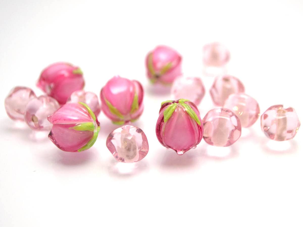 pink flower lampwork bead tender floral glass bud artisan handmade wedding jewelry making bracelet necklace pendant earrings bead set Leaf