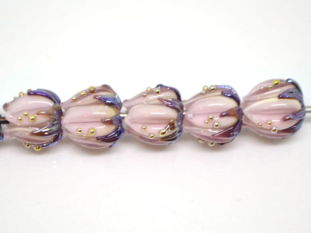 Pale pink glass flower beads purple leaves gold dew, Artisan lampwork, 10mm flower bead, Pastel pink, Floral glass beads, Flower spacer bead