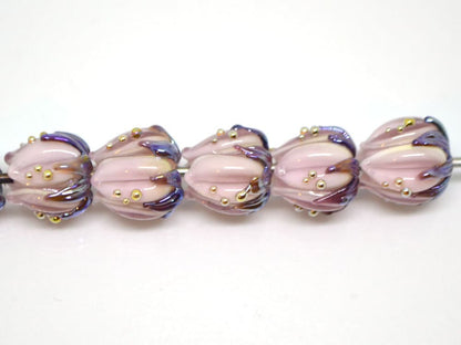 Pale pink glass flower beads purple leaves gold dew, Artisan lampwork, 10mm flower bead, Pastel pink, Floral glass beads, Flower spacer bead