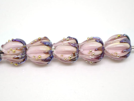 Pale pink glass flower beads purple leaves gold dew, Artisan lampwork, 10mm flower bead, Pastel pink, Floral glass beads, Flower spacer bead