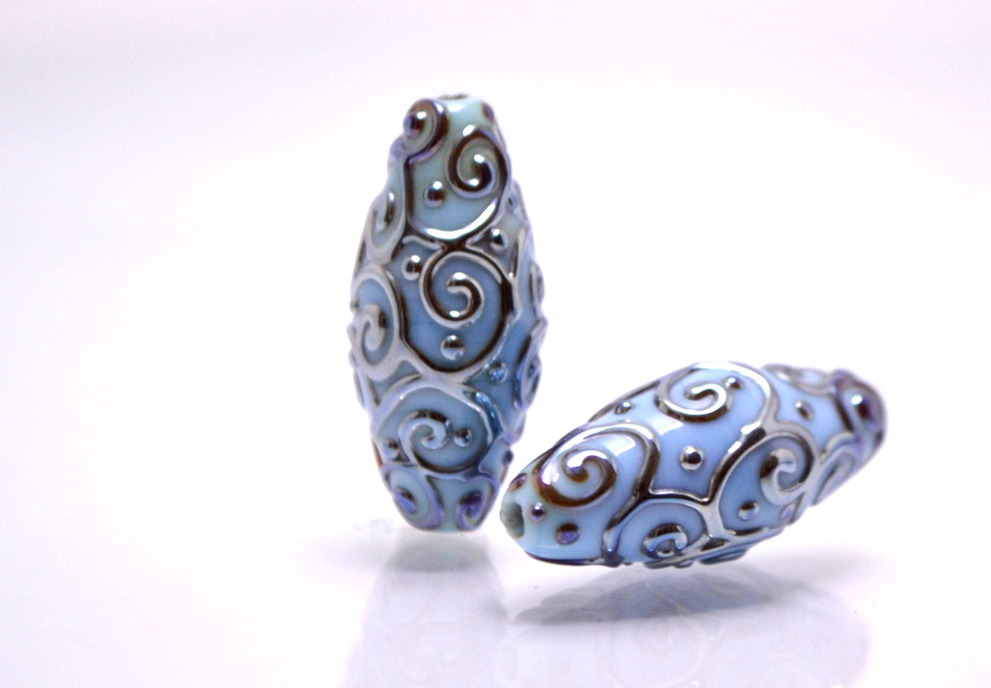 sky blue lampwork handmade bead oval swirl jewelry making artisan heavenly set silver mirror texture pendant curl rhombus wedding angelical