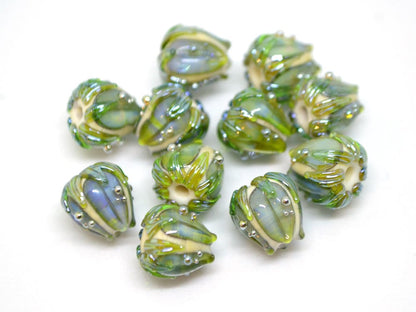 Olive green flower lampwork beads, Pale green glass beads, 10mm flower beads, Artisan lampwork garden floral theme beige gold jewelry supply