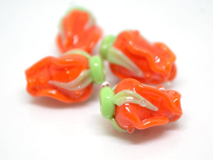Orange rose bud beads, Lampwork Glass rosebud beads, Lampwork rose flower, Focal lampwork beads
