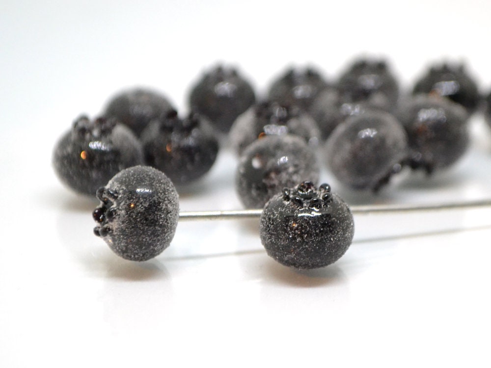 Glass black blueberry, Lampwork berry, Frost glass berries, Lampwork blueberry
