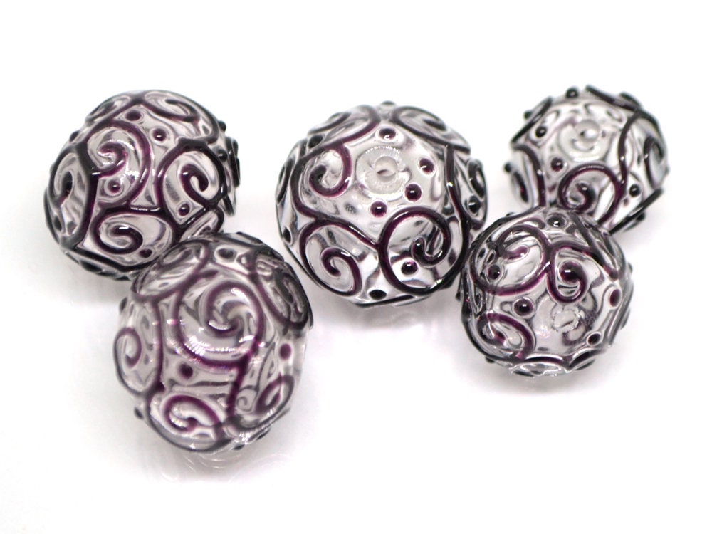 Clear hollow glass beads with black curls, Textured lampwork beads, Transparent clear beads, Artisan Lampwork