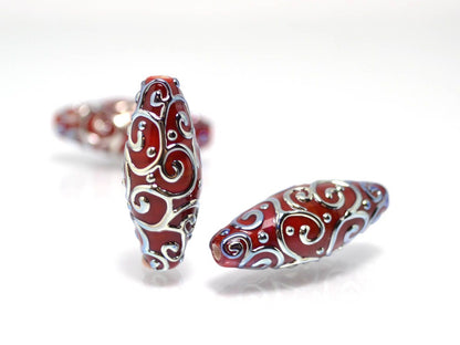 red silver lampwork beads artisan lampwork lampwork beads set rhombus oval textured mirror beads jewelry making bright deep red silver glass