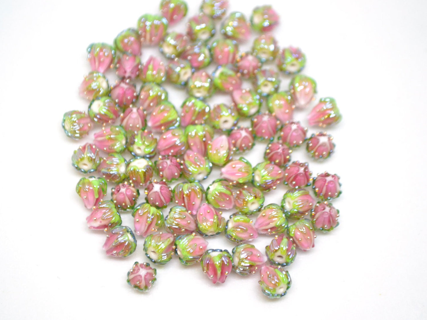 Light pink flower beads with green leaves, Tiny glass beads, through hole, 7mm flower beads, Artisan lampwork,