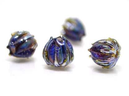 Amazing black blue silver flower beads, Lampwork bud beads, Floral lampwork, 10mm flower beads, Artisan lampwork, galaxy glass beads,netting