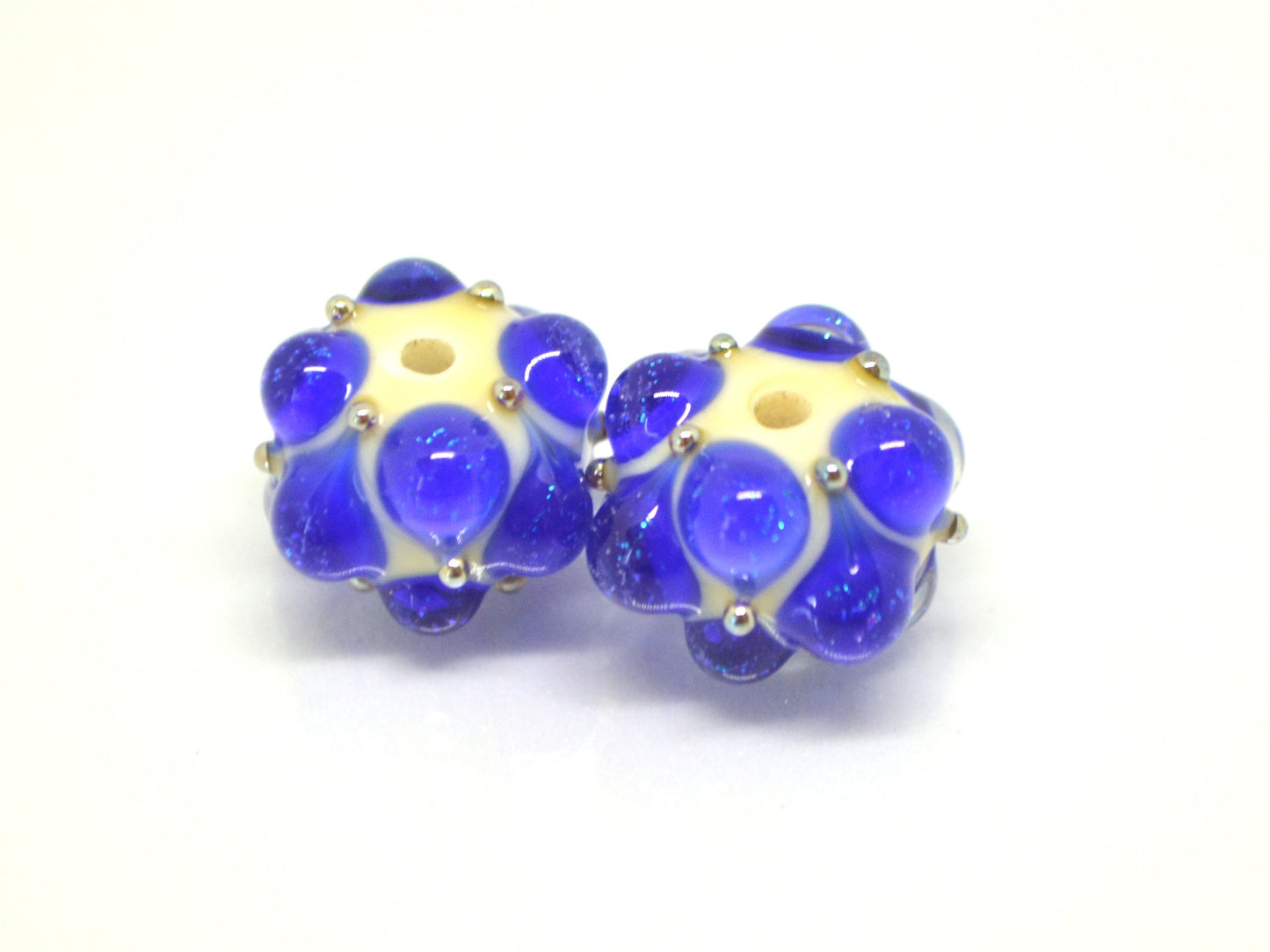 Electric Blue Lampwork bead, Cobalt blue glass beads, Blue beige lampwork beads, Artisan lampwork, Handmade bead, Rondelle beads