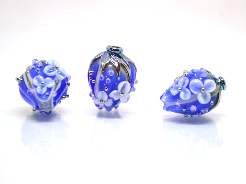 Cobalt flower bouquet lampwork beads, Sapphire lampwork beads, Artisan lampwork, 3d flower beads